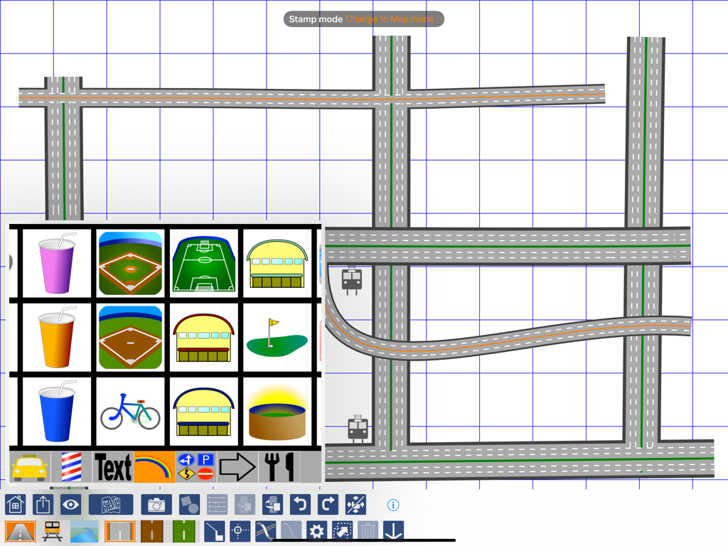 iPad screen displaying i Map Editor with custom road drawings and a menu of map stamps