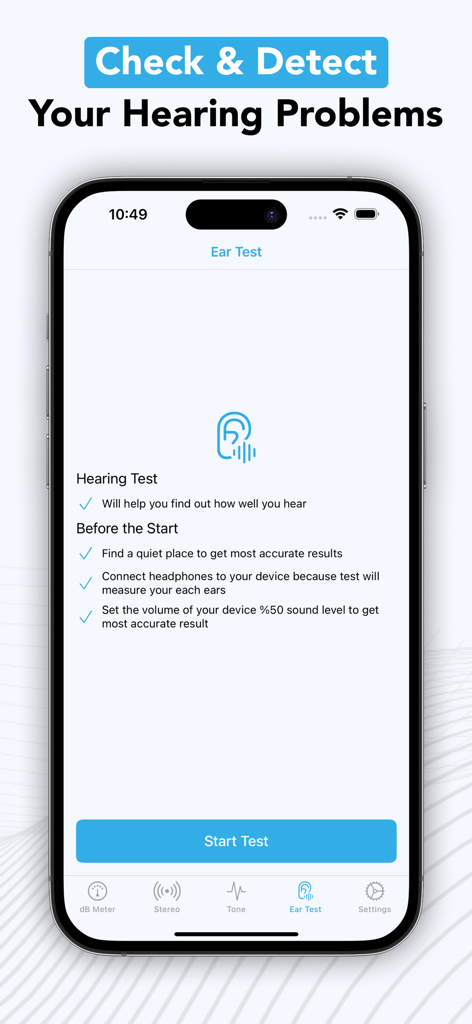 Decibel - dB Sound Level Meter - Ear test screen in Decibel app for checking hearing health