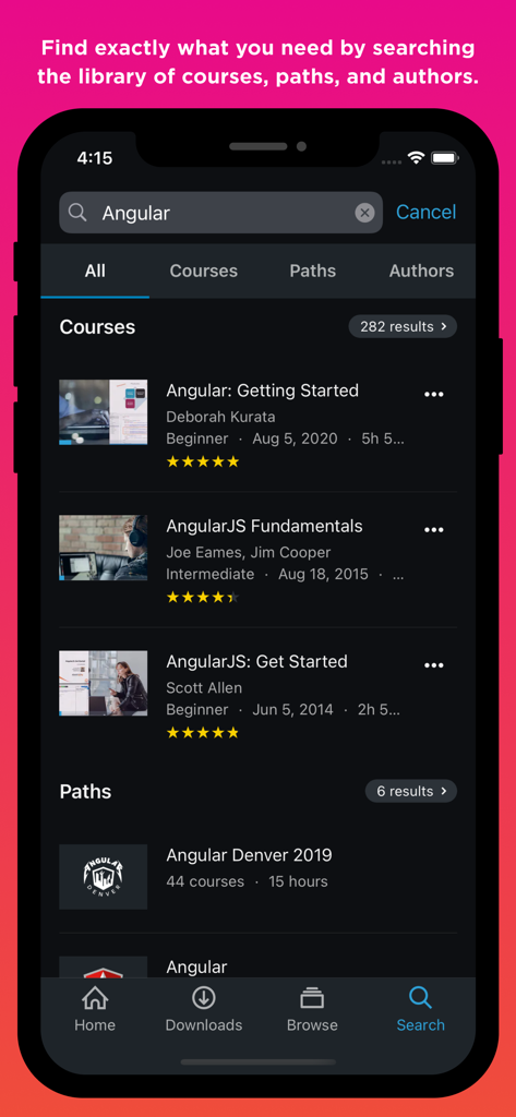 Pluralsight - Search screen of the Pluralsight app displaying technology courses and learning paths for Angular.