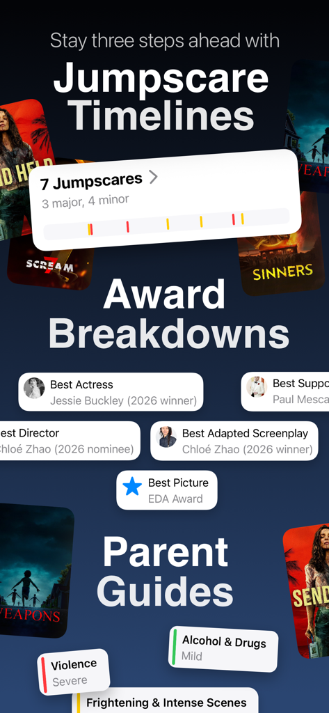 Binge: Movies and Shows - Interfaz de la aplicación Binge mostrando cronogramas de sustos, premios de películas y guías para padres