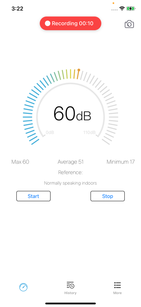 Decibel-Noise Testing Artifact - A mobile app interface showing a decibel meter reading of 60dB with a recording in progress.