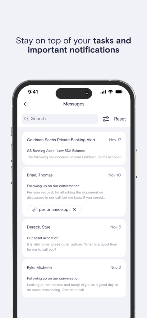 Interfaccia dell'app Goldman Sachs Private Wealth Management che mostra messaggi del consulente e notifiche bancarie