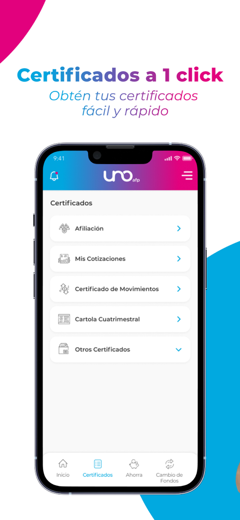Un smartphone mostrando la pantalla de la aplicación AFP UNO con opciones para descargar certificados de pensión como afiliación y cotizaciones.
