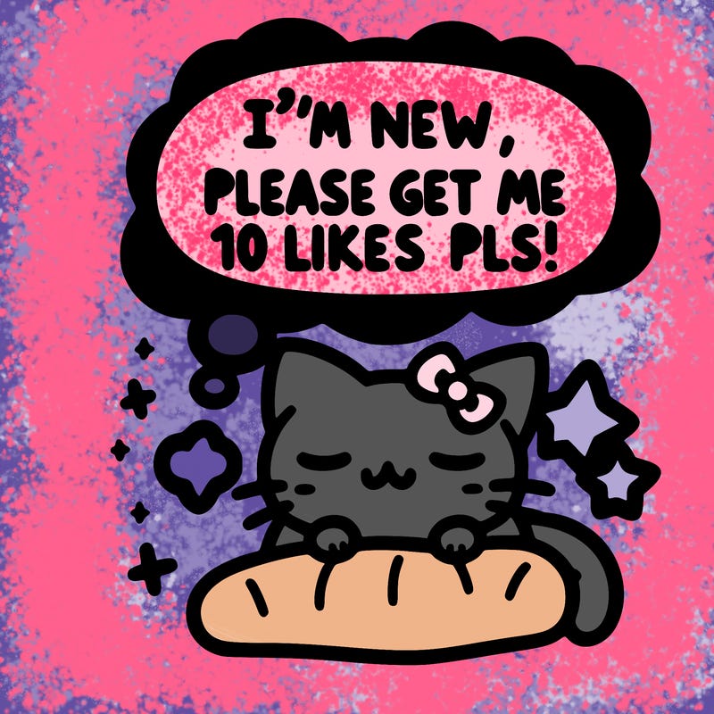 kitty taking a nap dream talking and saying "i'm new, please get me at least 10 likes pls!!"