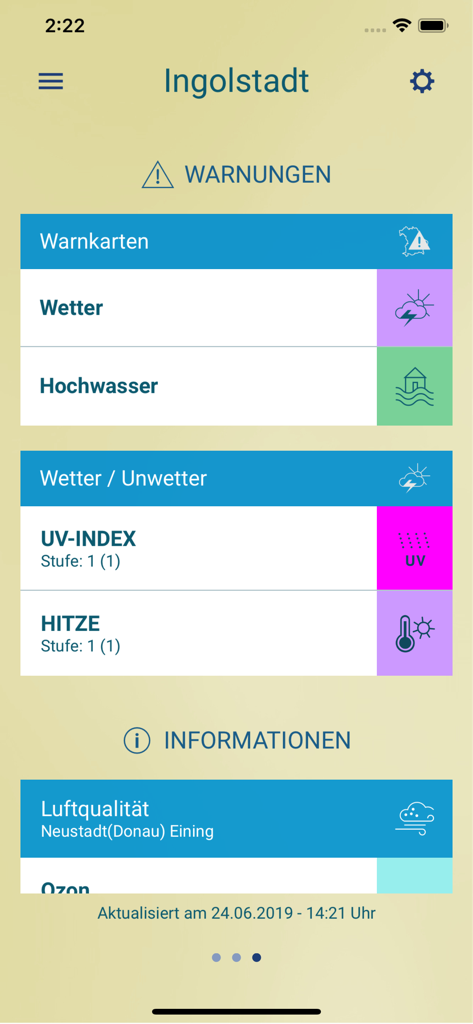 umweltinfo - Panel de la aplicación de información ambiental bávara que muestra alertas meteorológicas y de seguridad