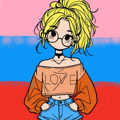 girl with a messy ponytail glasses a baggy crop top and jean shorts