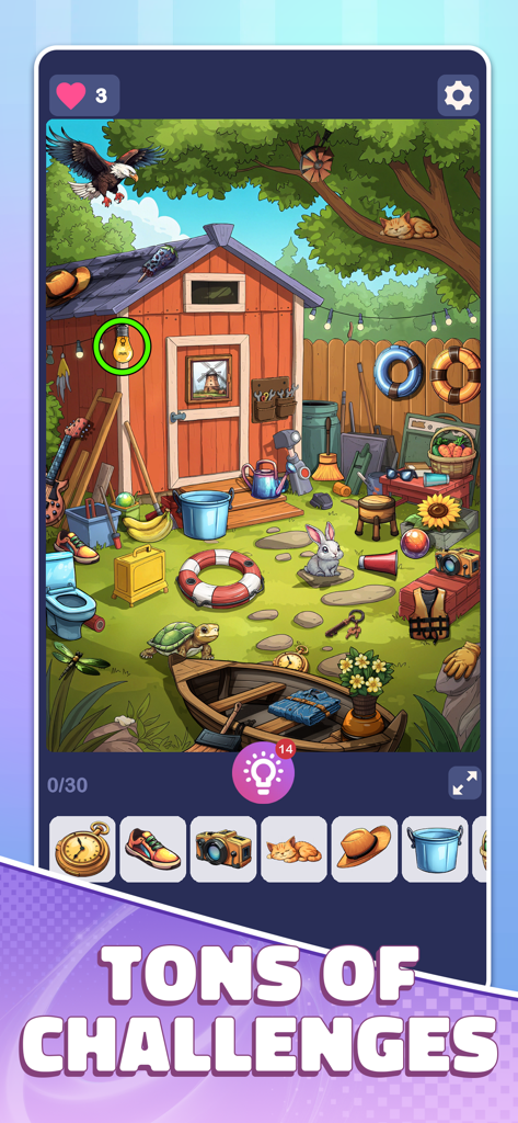 Find Fast:Hidden Objects - Find Fast Hidden Objects のゲームプレイ画面。木製の小屋と様々な隠されたアイテムがある、カラフルな手描きの裏庭のシーン。