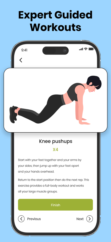FitZay app interface showing expert guided knee pushup exercise with step by step instructions and visual illustration