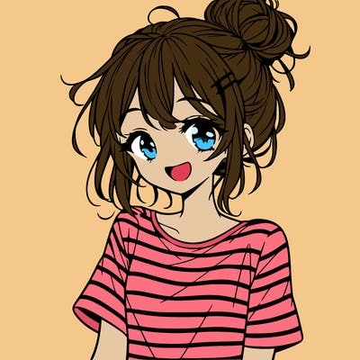 anime girl teenager striped shirt and smile and messy bun