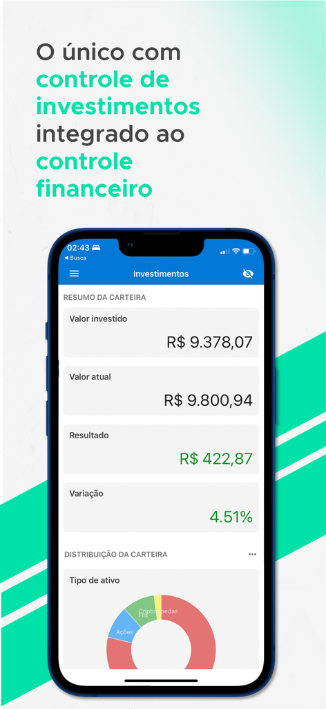 Resumen de la cartera de inversiones y gráfico de distribución de activos en la aplicación Meu Dinheiro