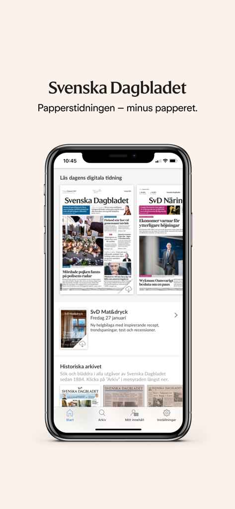 eSvD - Smartphone screen showing the eSvD digital news app with Swedish daily newspaper editions