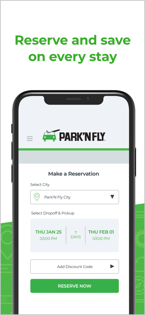 Park’N Fly Canada - Smartphone screen showing the reservation process for airport parking on the Park'N Fly Canada app