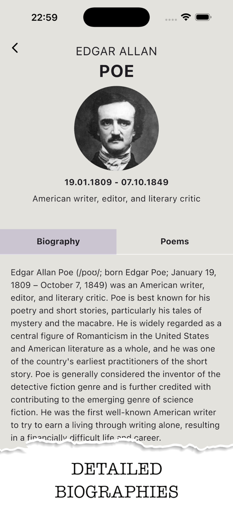 English Poetry Collection - Screenshot of the English Poetry Collection app showing a detailed biography of Edgar Allan Poe with his portrait and life dates.
