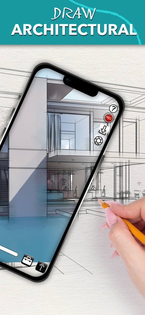 Camera Lucida™: AR Drawing - 사람이 iPhone에서 Camera Lucida AR 드로잉 앱을 사용하여 종이에 건축 주택 스케치를 따라 그리고 있습니다.