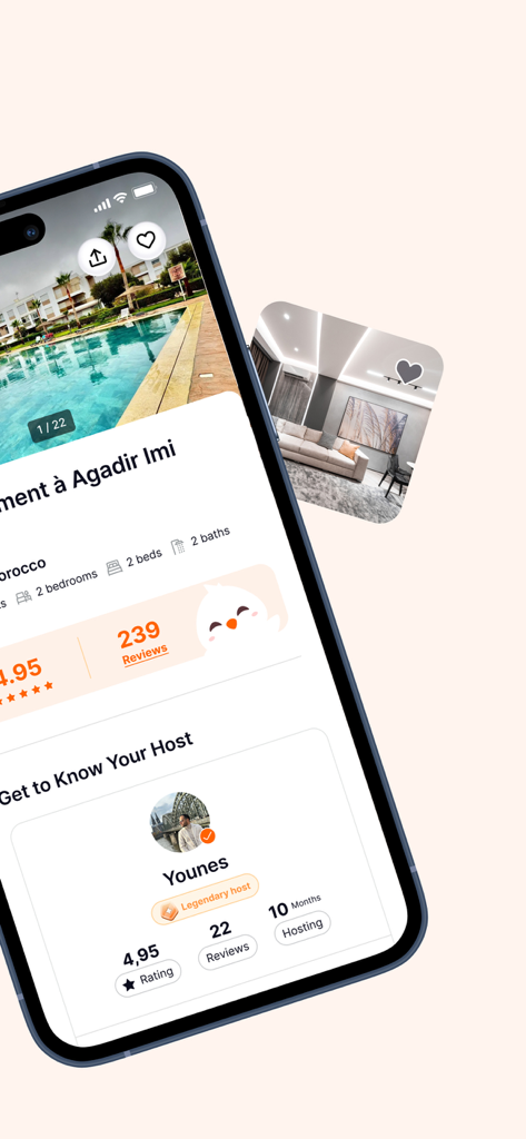 Trevo – Travel & Stays - Interface de l'application Trevo affichant une annonce de propriété à Agadir et un profil d'hôte vérifié avec des notes