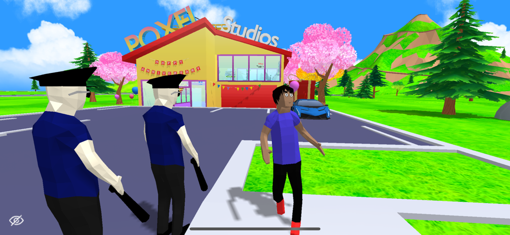 A character in a purple shirt being confronted by two police officers in a low-poly open world setting.