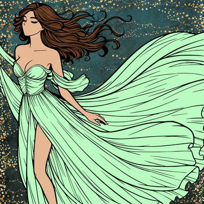 realistic woman in dress flowing the the wind