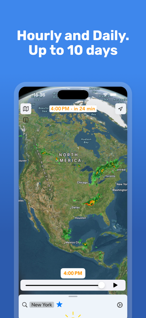 RainAlert: Rain Radar & Alerts - Mapa de radar de precipitación de América del Norte en la interfaz de la aplicación RainAlert que muestra alertas de lluvia entrantes.