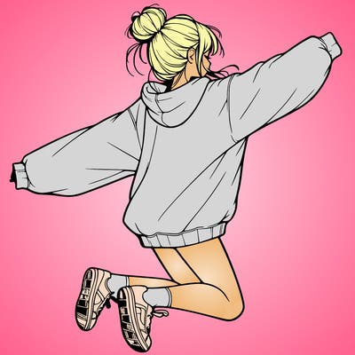 realistic girl jumping with a bun and oversized sweatshirt