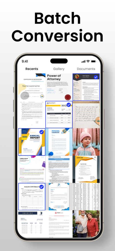 Image Converter to JPG－PDF－PNG - Smartphone screen displaying the batch conversion feature with multiple documents and photos selected for processing.
