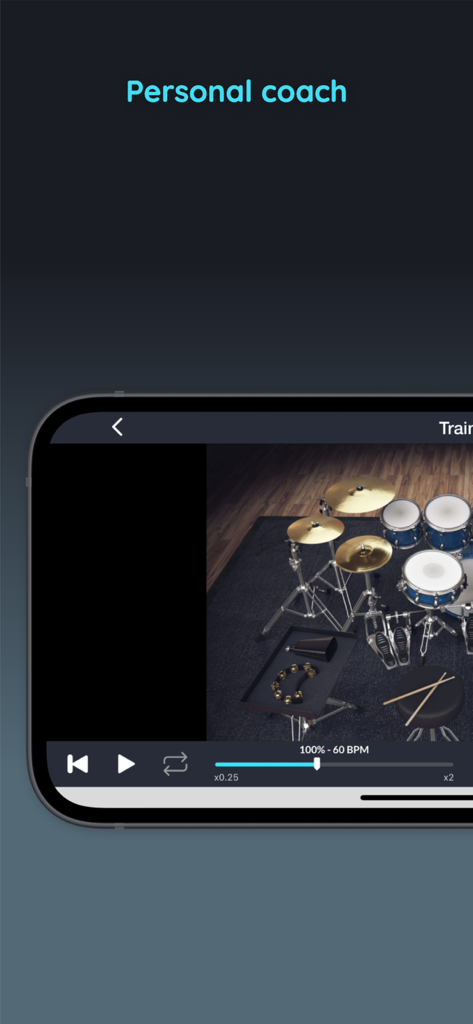 드럼 키트 비디오가 있는 드럼스틱 앱 개인 코치 인터페이스