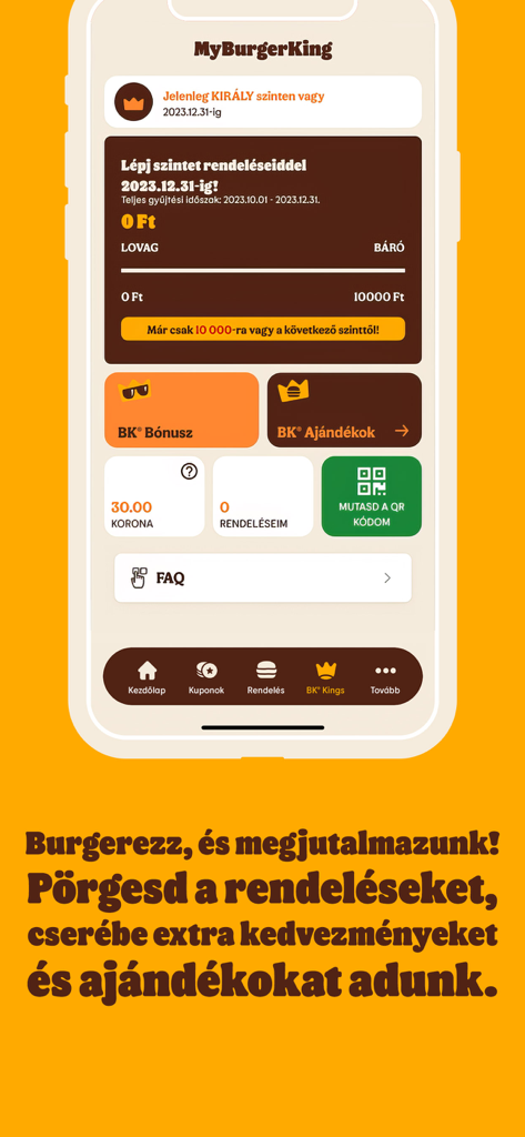 Burger King Ungarn Mobile App Treueprogramm-Dashboard mit Belohnungspunkten und Mitgliedschaftsstufen.