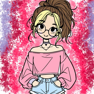girl with a messy ponytail glasses a baggy crop top and jean shorts