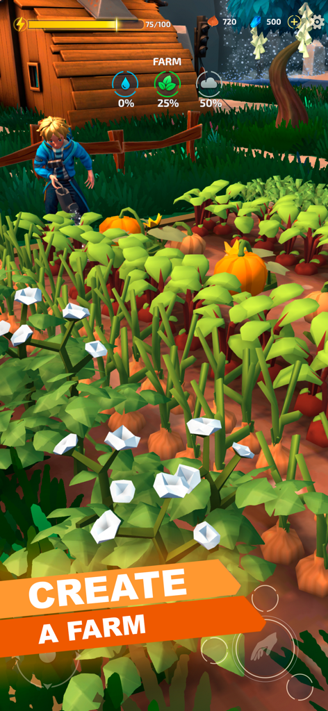 Ecotopia: Farm & craft game - A character watering a lush vegetable garden with pumpkins and white flowers in the Ecotopia mobile game.