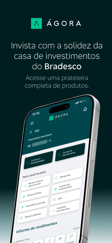 Agora investment app dashboard on an iPhone showing a variety of financial products including fixed income and home broker