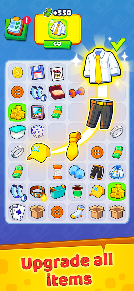 Merge Millionaire：Rich Craft - Uma captura de tela de jogabilidade mostrando um tabuleiro de quebra-cabeça de junção onde itens do dia a dia são combinados para atualizar para trajes profissionais