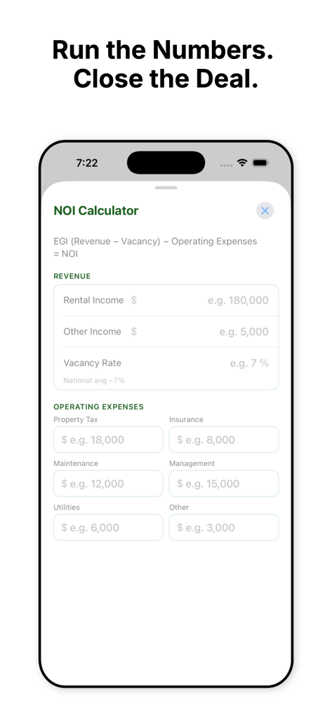 EstiMate CRE - NOI Calculator interface on the EstiMate CRE mobile app for commercial real estate financial analysis.