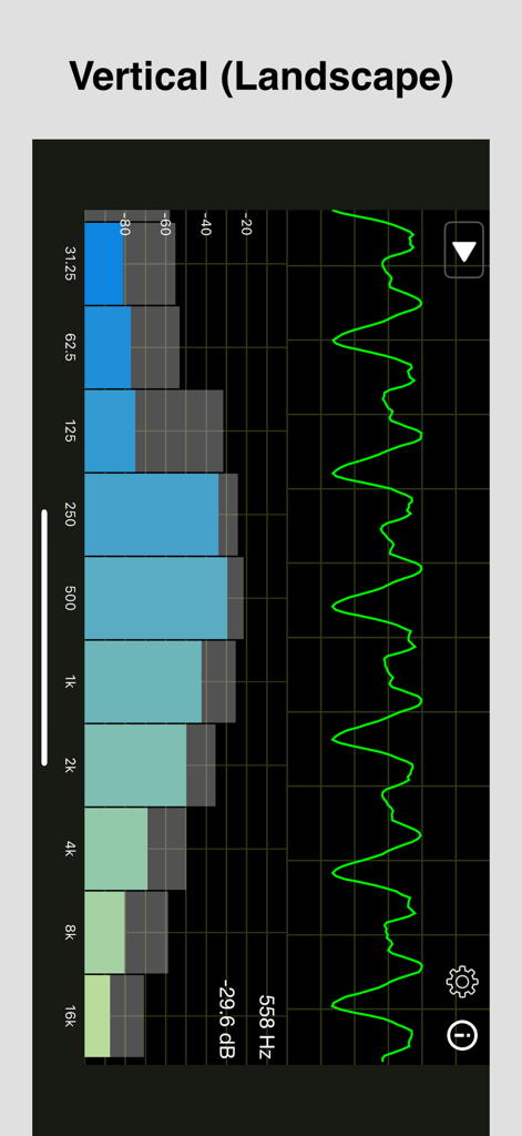 Real-time audio analyzer showing frequency spectrum bars and waveform line