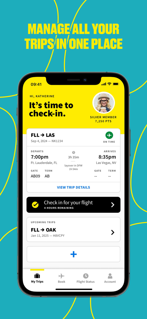 Pantalla de gestión de viajes y check-in de la app Spirit Airlines.