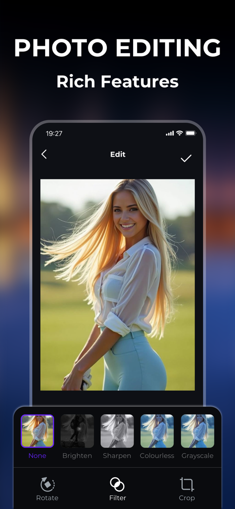 A screenshot of the Photo Journey AI Beauty app showing photo editing tools and filters.