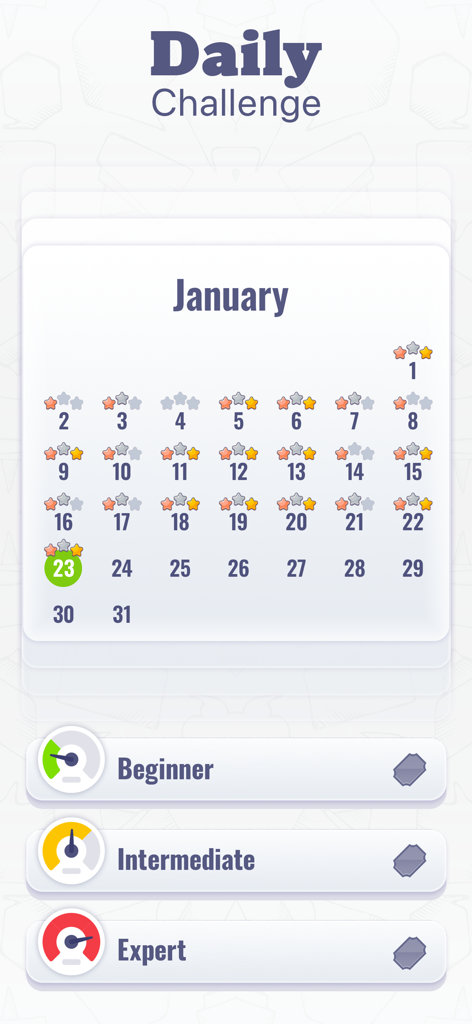 Sudoku Multiplayer Challenge - Pantalla de Desafío Diario de la aplicación Sudoku que muestra un calendario de enero con medallas ganadas y niveles de dificultad para principiantes, intermedios y expertos.