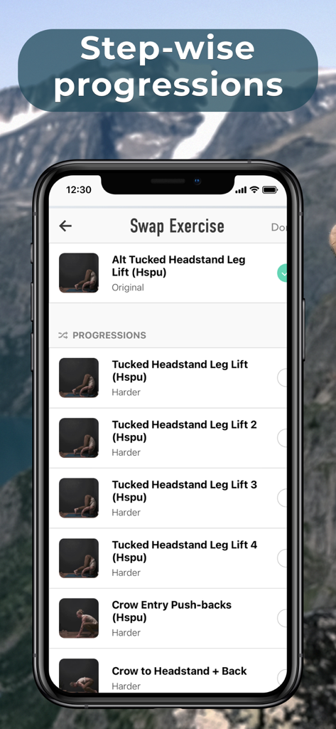Berg Movement - A mobile screen from the Berg Movement app showing a list of stepwise exercise progressions for handstanding and calisthenics skills