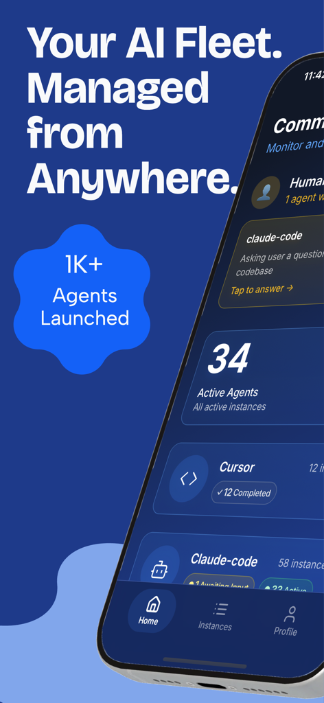 Omnara mobile app Dashboard zeigt Echtzeitverwaltung einer KI-Agentenflotte mit Statusaktualisierungen für Claude-Code und Cursor.