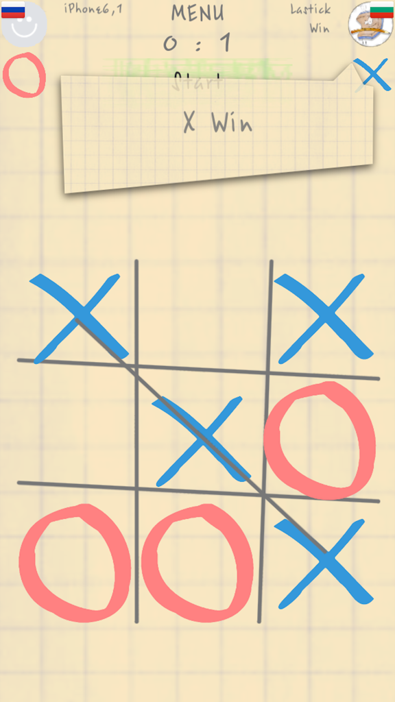 A completed game of Tic Tac Toe on a digital grid paper background showing player X winning with a diagonal line