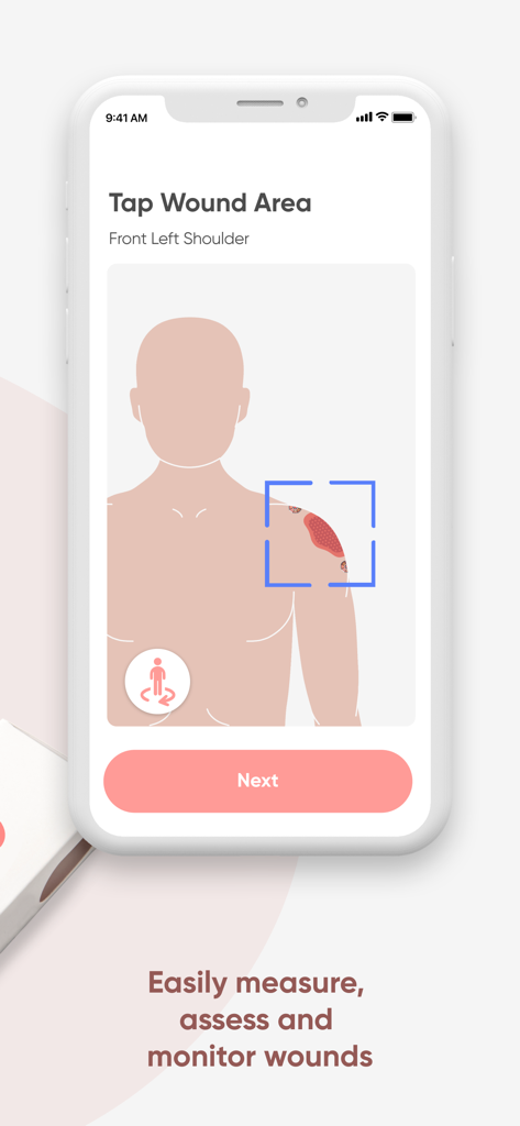 Minuteful for Wound - Minuteful for Wound app interface showing a human torso diagram to select the wound location on the front left shoulder for clinical assessment.