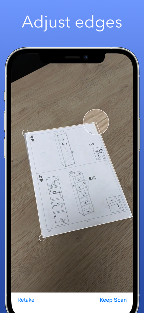 iPhone interface showing manual edge adjustment for a scanned document