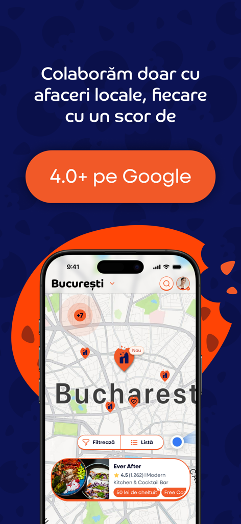 Interfaz de la aplicación Nommy que muestra un mapa de Bucarest con restaurantes locales seleccionados calificados 4.0 plus en Google