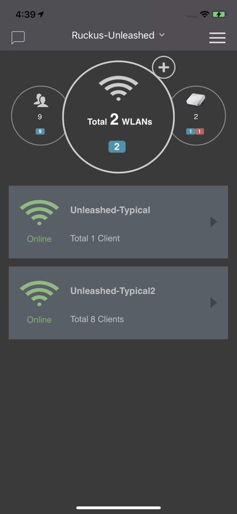 네트워크 상태 및 연결된 무선 클라이언트를 표시하는 RUCKUS Unleashed 모바일 앱 대시보드