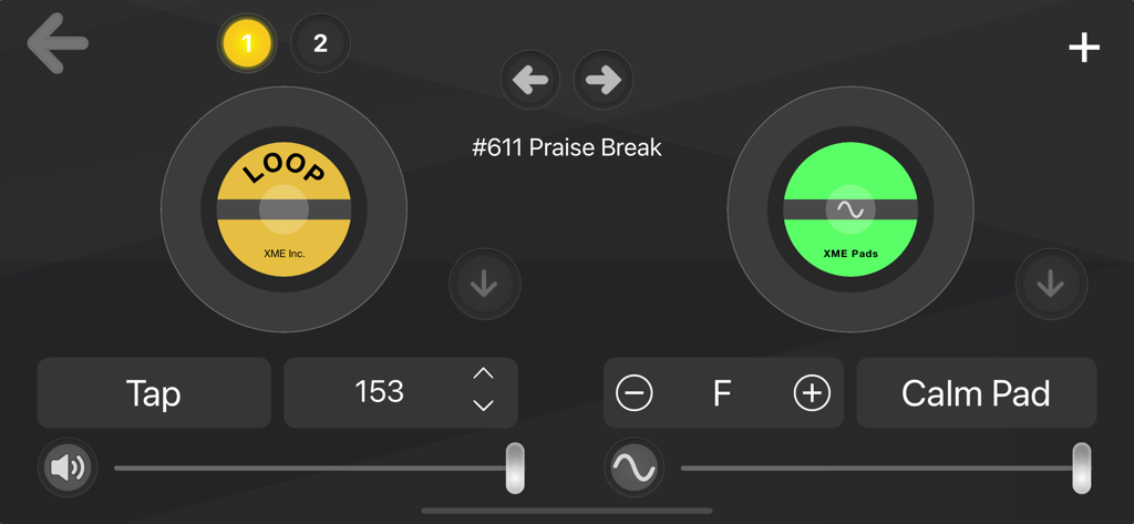 XME LOOPS app interface showing tempo and key controls for live music performance