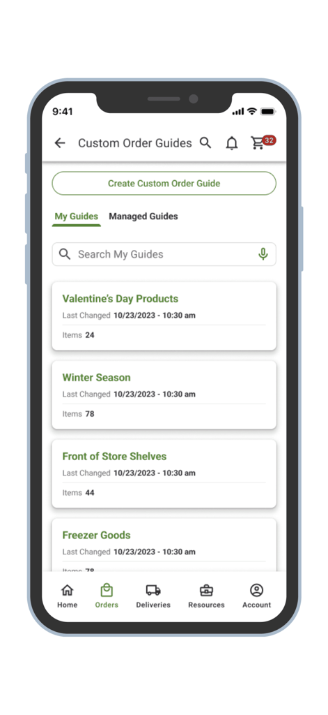 Interface de l'application mobile Core-Mark CustomerFirst montrant l'écran des guides de commande personnalisés pour la gestion des stocks