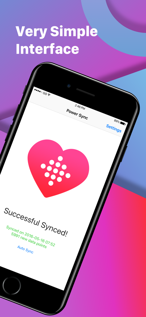 Interfaz de la aplicación Power Sync para Fitbit en un iPhone mostrando una pantalla de confirmación de sincronización de datos exitosa con un ícono de corazón