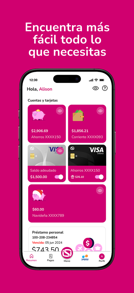 Banisi - Banisi mobile banking app interface showing bank account balances, credit cards, and personal loan details in Spanish.