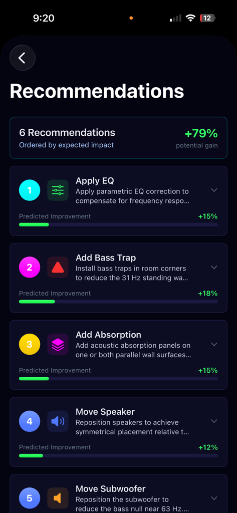 SonarRoom - SonarRoom app screen showing a list of acoustic recommendations and predicted sound quality improvements.