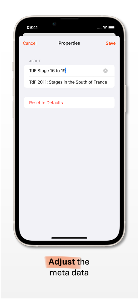 Track Merger - Interface of the Track Merger app showing the screen to edit track title and description metadata.