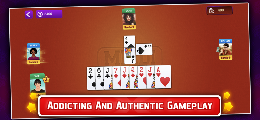 Écran de jeu multijoueur du jeu de cartes en ligne Mindi avec des avatars numériques et une main de cartes sur une table virtuelle.