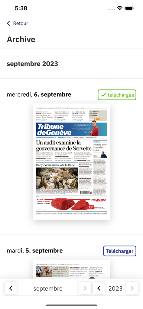 Die Archivansicht der mobilen App Tribune de Genève mit vergangenen Zeitungsausgaben.